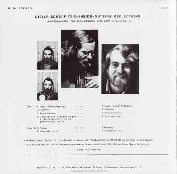 Image of Back Cover of 1414010C: LP - DIETER SCHERF TRIO, Inside-Outside Reflections (LST; 29-11-74, Germany 1974, Laminated Front Sleeve) Side 1 has heavy fogging which crackles slightly in the quiet passages.  VG/VG