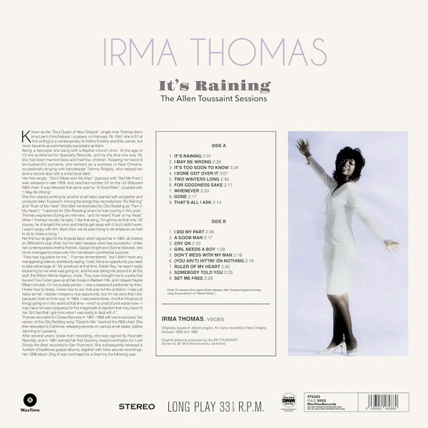 Image of Back Cover of 1414067C: LP - IRMA THOMAS, It's Raining - The Allen Toussaint Sessions (WaxTime; 772323,  2023)   NEW/NEW