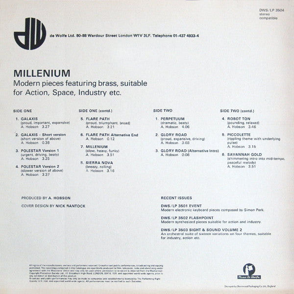 Image of Back Cover of 4114347C: LP - A. HOBSON, Millennium (Music De Wolfe; DWS/LP 3504, UK 1983) Light hairline marks only, Corner bumped sleeve  VG/VG