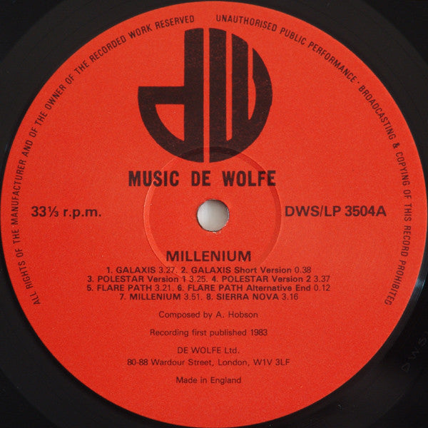 Image of Label Cover of LP - VG/VG+ - A. HOBSON, Millennium (Music De Wolfe; DWS/LP 3504, UK 1983), Edge Wear,  - 3846269S