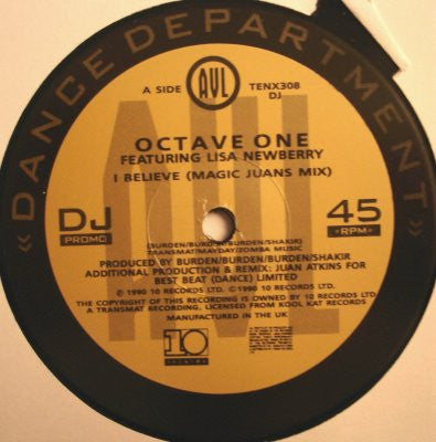 Image of Front Cover of 1444012S: 12" - OCTAVE ONE FEATURING LISA NEWBERRY, I Believe (10 Records; TENX 308 DJ, UK 1990, Promo, Picture Sleeve) A few scuffs on side A, light crackle. Light wear on pic sleeve.  VG/VG