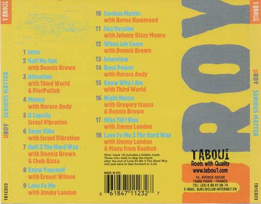 Image of Back Cover of 1454066S: CD - U-ROY, Serious Matter (Tabou 1; TB1CD23, France 1999) Opened from sealed.  EX/EX