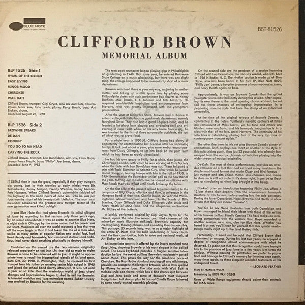 Image of Back Cover of 1424209E: LP - CLIFFORD BROWN, Memorial Album (Blue Note; BST-81526, US 1969 Reissue, Pasteback Sleeve, Company Inner, Stereo, Sleeve Variation) Strong VG a couple light hairlines and some light surface marks from storage only.  VG+/VG