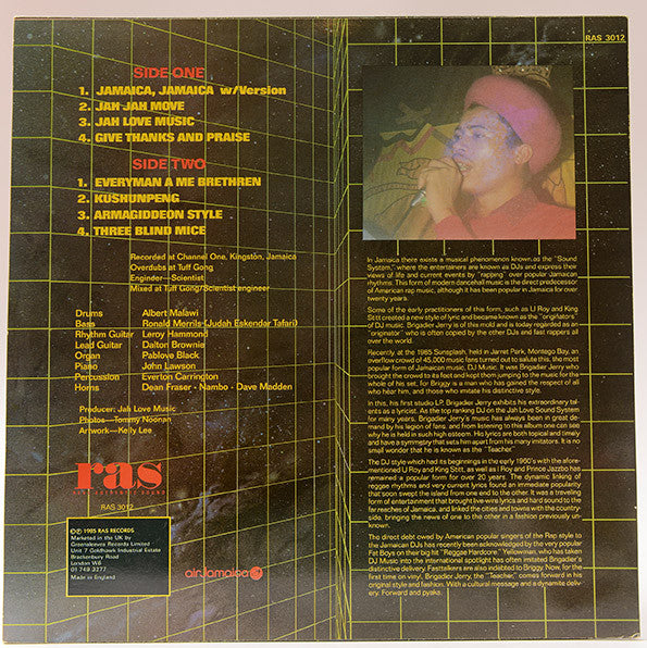 Image of Back Cover of 1414463C: LP - BRIGADIER JERRY, Jamaica Jamaica (Real Authentic Sound ; RAS 3012, UK 1985) Light marks only. Spine wear on sleeve, general wear.  VG/VG