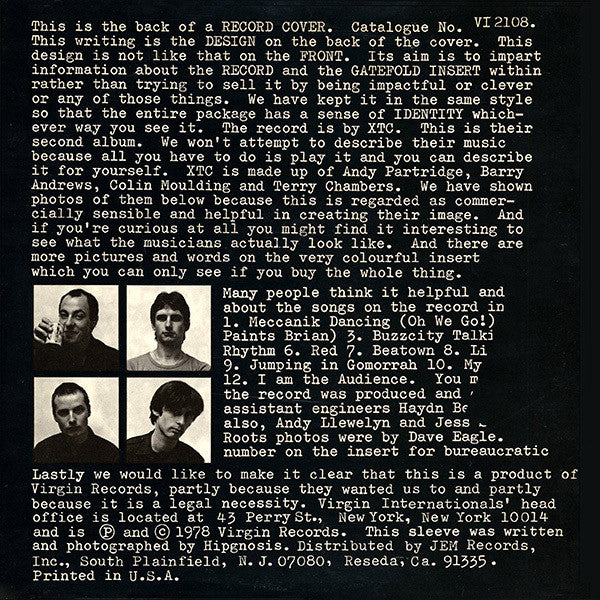 Image of Back Cover of LP - VG/VG+ - XTC, Go 2 (Virgin International; VI 2108, US 1978, No Insert), ,  - 2616113C