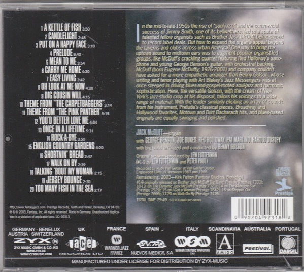 Image of Back Cover of 1414491C: CD - BROTHER JACK MCDUFF, Prelude (Prestige; PRCD-24283-2, US 2003, Jewel Case)   VG+/VG+