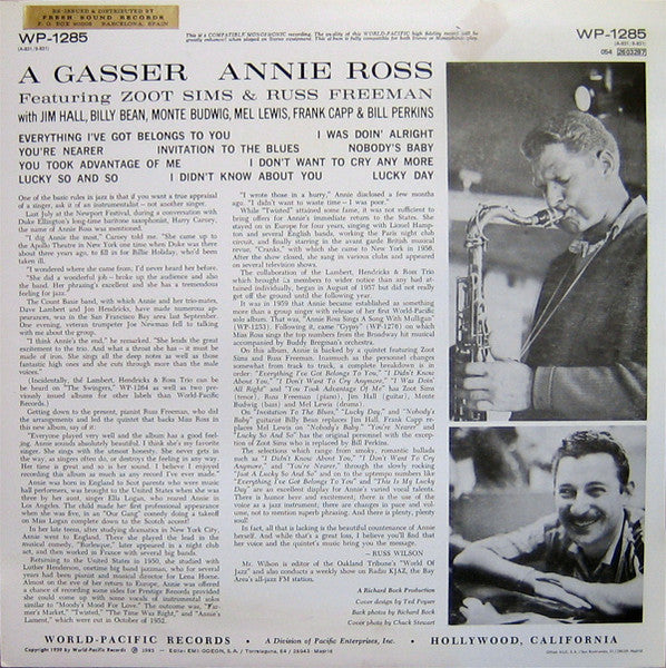 Image of Back Cover of 1424232E: LP - ANNIE ROSS & ZOOT SIMS, A Gasser! (World Pacific Records; WP-1285, Spain 1985 Reissue, Laminated Sleeve) Light marks only.   VG+/VG