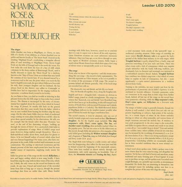 Image of Back Cover of 1424233E: LP - EDDIE BUTCHER, Shamrock, Rose & Thistle (Leader; LED 2070, UK 1976, Gatefold) Light marks only.  VG+/VG