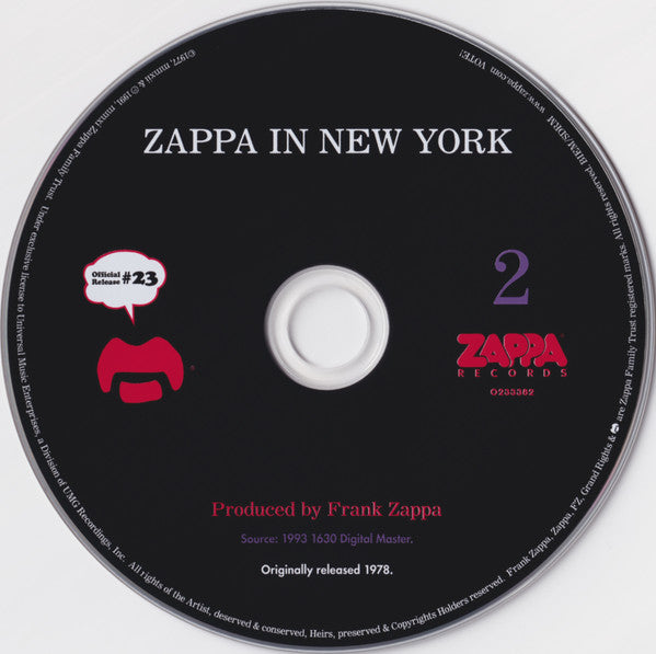 Image of Label Cover of 1454326S: 2xCD - FRANK ZAPPA, Zappa In New York (Zappa Records; 0238562, Europe )   VG+/VG