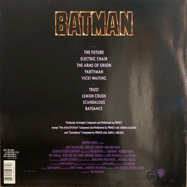 Image of Back Cover of 1825396S: LP - PRINCE, Batman (Motion Picture Soundtrack) (Warner Bros. Records; 925936-1, UK & Europe 1989, Inner) Tear On Corner Of Sleeve  VG/VG+