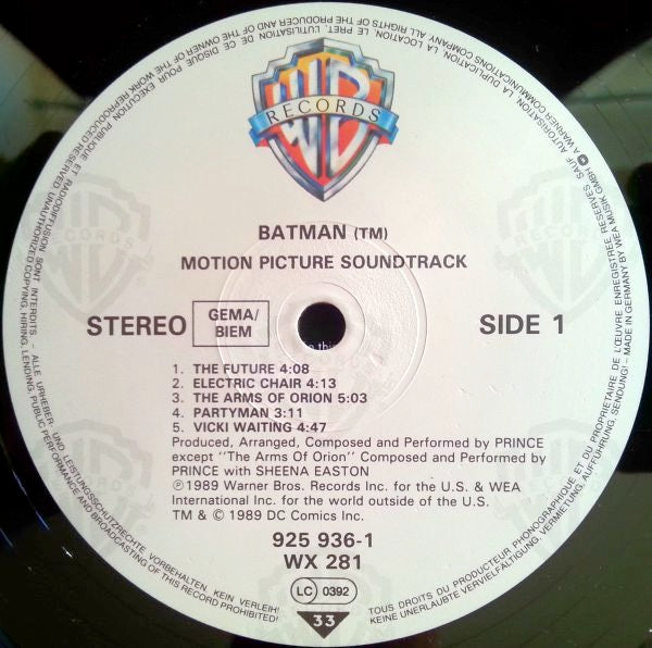 Image of Label Cover of 1825396S: LP - PRINCE, Batman (Motion Picture Soundtrack) (Warner Bros. Records; 925936-1, UK & Europe 1989, Inner) Tear On Corner Of Sleeve  VG/VG+
