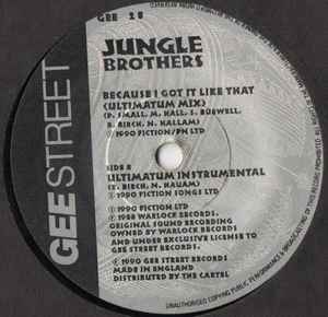 Image of Front Cover of 1514038C: 7" - JUNGLE BROTHERS, Because I Got It Like That (The Ultimatum Reconstruction) (Gee Street ; GEE028, UK 1990, Stickered Company Sleeve) Light marks on vinyl but plays well. Light wear to sleeve  VG+/VG