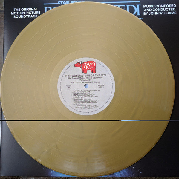 Image of Label Cover of 5014393C: LP - JOHN WILLIAMS, Star Wars / Return Of The Jedi (The Original Motion Picture Soundtrack) (RSO; 28MW 0031, Europe 2016 Reissue, Gatefold, Insert, Gold Vinyl, Limited Edition) Light crease to rear of sleeve.  VG+/EX