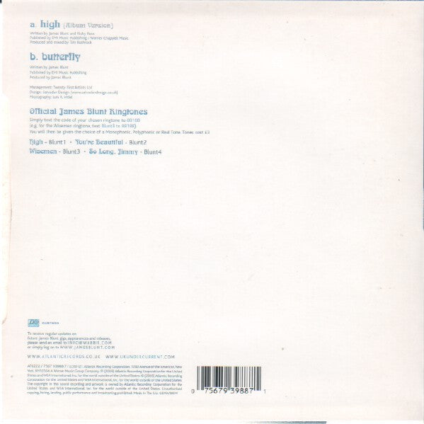 Image of Back Cover of 1554549S: 7" - JAMES BLUNT, High (Atlantic; 7567 93988 7, UK & Europe 2005, Picture Sleeve)   VG+/VG+