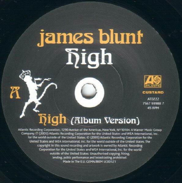 Image of Label Cover of 1554549S: 7" - JAMES BLUNT, High (Atlantic; 7567 93988 7, UK & Europe 2005, Picture Sleeve)   VG+/VG+