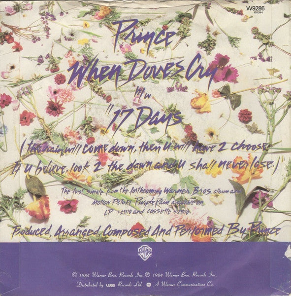 Image of Back Cover of 1524212E: 7" - PRINCE, When Doves Cry/ 17 Days (Warner Bros. Records; W9286, UK 1984, Picture sleeve) Light wear on edge of sleeve.  VG/VG+