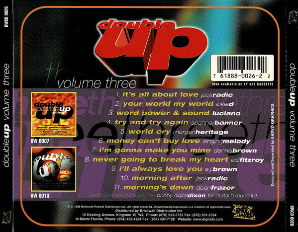 Image of Back Cover of 1554601S: CD - VARIOUS ARTISTS, Double Up Volume Three (Brickwall Records; BWCD 0026, US 1998)   EX/EX