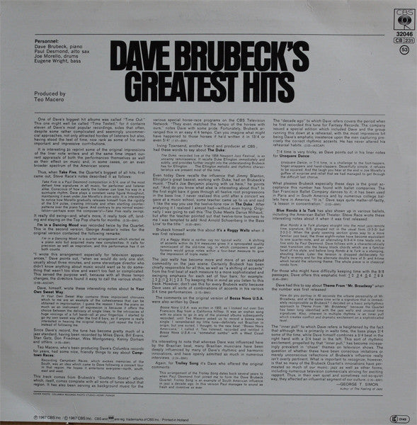 Image of Back Cover of LP - VG/VG+ - DAVE BRUBECK, Dave Brubeck's Greatest Hits (CBS (Red Labels); CBS 32046, Europe 1980s Reissue, Stereo), ,  - 3626464E