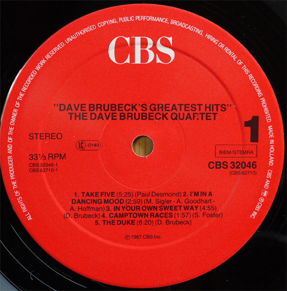Image of Label Cover of LP - VG/VG+ - DAVE BRUBECK, Dave Brubeck's Greatest Hits (CBS (Red Labels); CBS 32046, Europe 1980s Reissue, Stereo), ,  - 3626464E