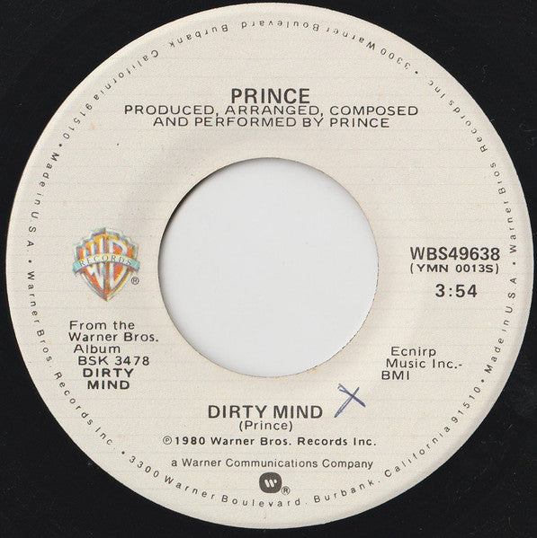 Image of Back Cover of 1524296E: 7" - PRINCE, Dirty Mind/ When We're Dancing Close And Slow (Warner Bros. Records; WBS49638, US 1980, Company Sleeve) Light marks. Light wear to company sleeve.  VG/VG