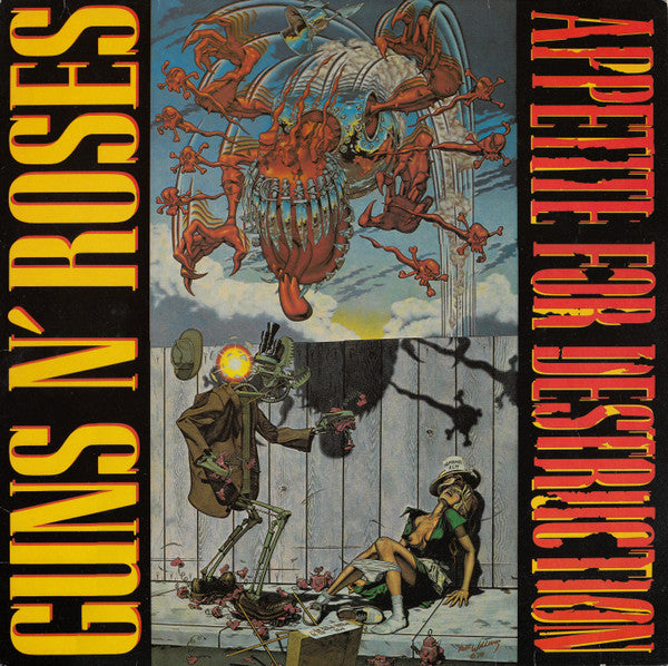 Image of Front Cover of 5044130S: LP - GUNS N' ROSES, Appetite For Destruction (Geffen Records; GEF 24148, Europe 1989, Misprint - B6 is misprinted on side R label: "Roceet Queen".) Hairlines, edge wear and creasing, small area of bottom edge taped, ring wear and seam split on bottom of inner  VG/VG