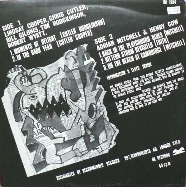 Image of Back Cover of 3824222E: 12" EP - VARIOUS - COOPER, COW, CUTLER, GILONIS, HODGKINSON, MITCHELL, STEADMAN, WYATT, The Last Nightingale (R  Records; R  1984, UK 1984, Square Insert and One Sided Rectangular Black Print on White Insert) Strong VG  VG+/VG