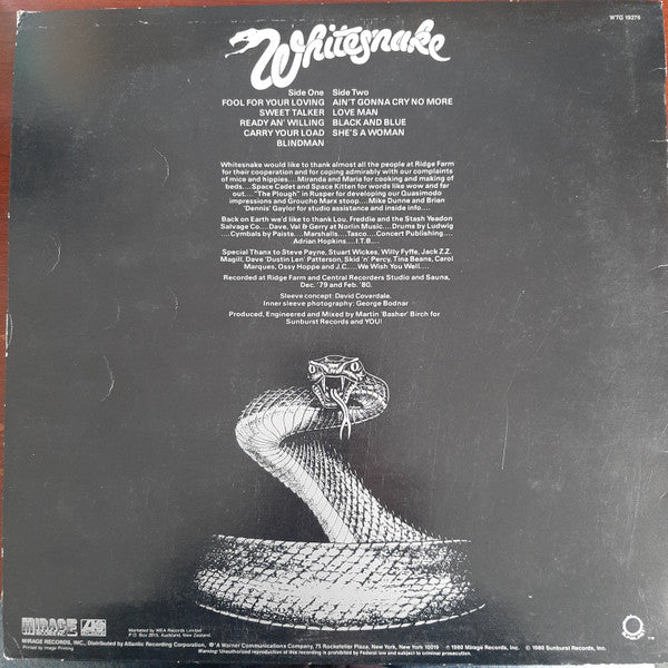 Image of Back Cover of 1544169S: LP - WHITESNAKE, Ready An' Willing (Mirage; WTG 19276, New Zealand 1980, Inner)   VG+/VG+