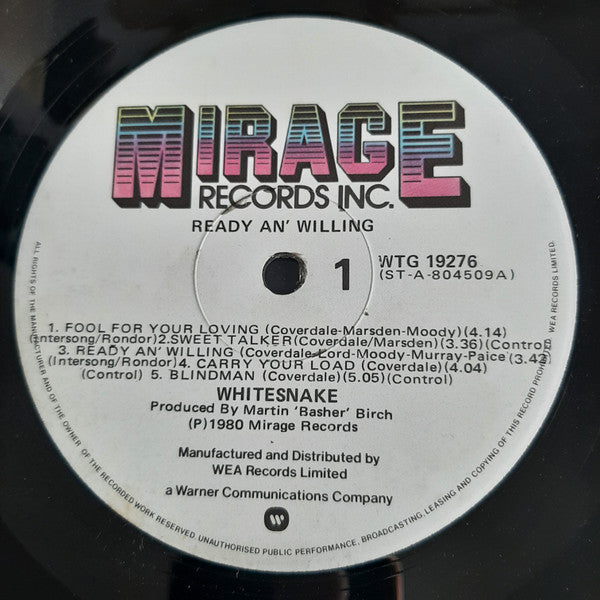 Image of Label Cover of 1544169S: LP - WHITESNAKE, Ready An' Willing (Mirage; WTG 19276, New Zealand 1980, Inner)   VG+/VG+