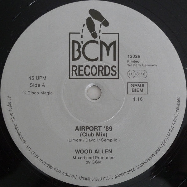Image of Label Cover of 4015468C: 12" - WOOD ALLEN, Airport '89 (BCM Records; 12326, Germany, Austria, & Switzerland 1989, Picture Sleeve) Light hairlines on disc, some minor scuffs.  VG/G+