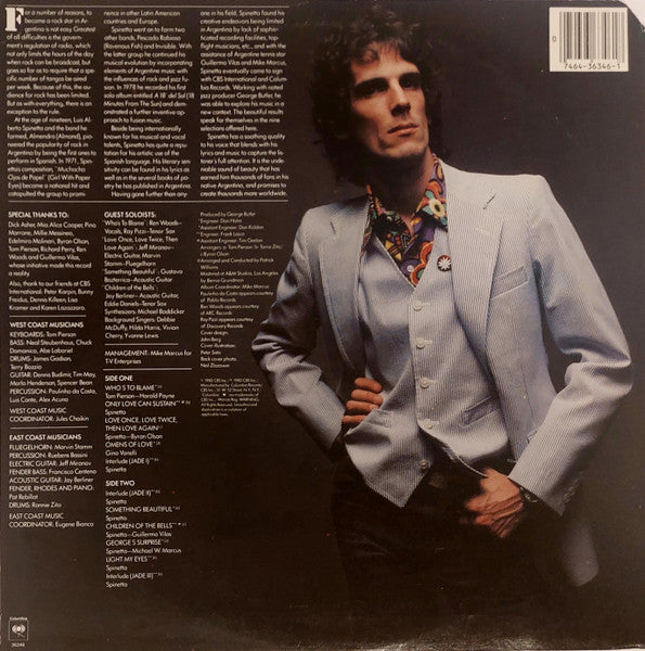 Image of Back Cover of 1524318E: LP - SPINETTA, Only Love Can Sustain (Columbia; 36346, US 1980, Inner, West Coast Album by Argentine Legend)   VG+/VG