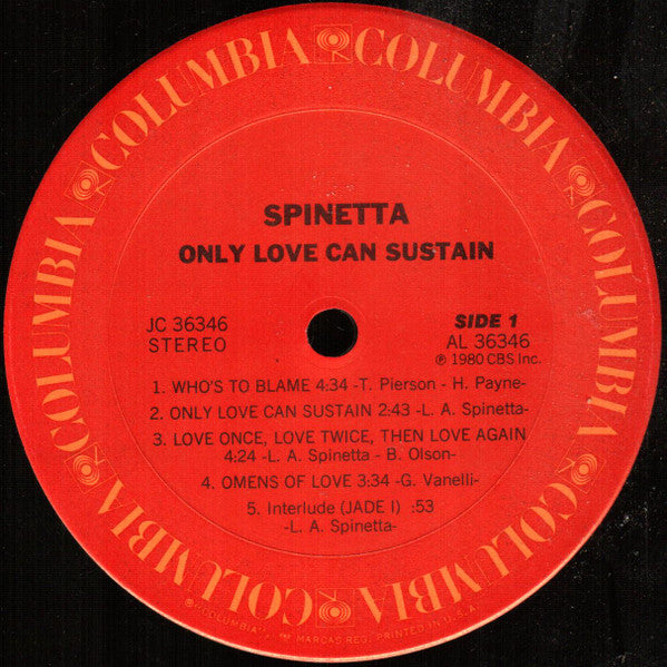 Image of Label Cover of 1524318E: LP - SPINETTA, Only Love Can Sustain (Columbia; 36346, US 1980, Inner, West Coast Album by Argentine Legend)   VG+/VG