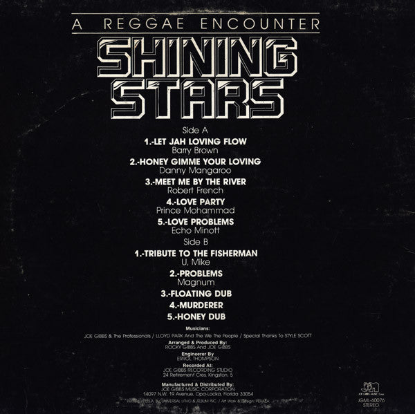 Image of Back Cover of 1514409C: LP - VARIOUS ARTISTS, Shining Stars - A Reggae Encounter (Joe Gibbs Music; JGML-60076, US 1983)   VG/G