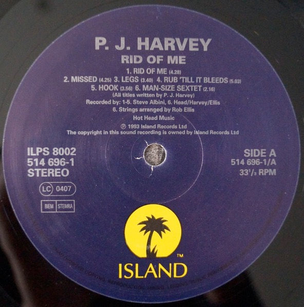 Image of Label Cover of 5124387E: LP - P J HARVEY, Rid Of Me (Island Records; ILPS 8002, Europe 1993, Inner, No Poster) Strong VG, Still In Shrinkwrap  EX/VG