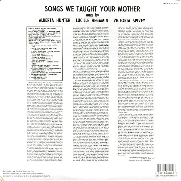 Image of Back Cover of LP - VG+/VG+ - ALBERTA HUNTER & LUCILLE HEGAMIN & VICTORIA SPIVEY, Songs We Taught Your Mother (Original Blues Classics; OBC-520, US 1987), ,  - 3016211C