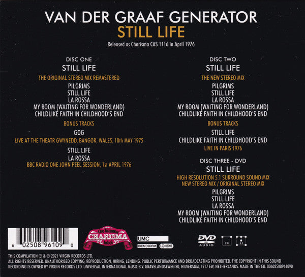 Image of Back Cover of 1554800S: 3xCD - VAN DER GRAAF GENERATOR, Still Life (UMC; 089 610-9, Europe 2021)   VG+/VG+