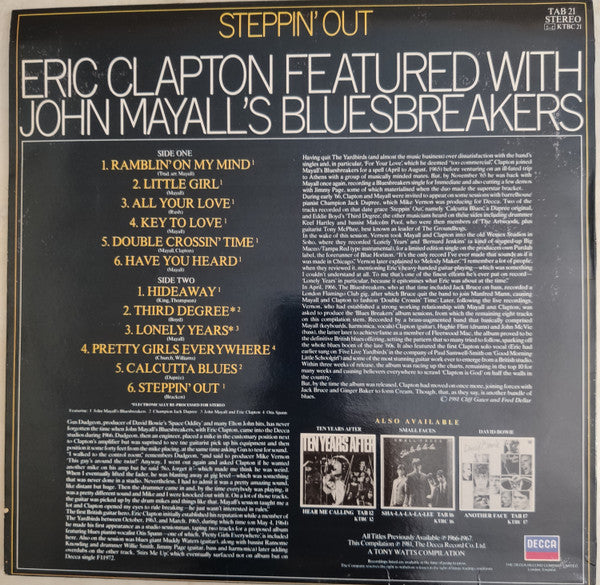 Image of Back Cover of 2714388C: LP - ERIC CLAPTON FEATURED WITH JOHN MAYALL'S BLUESBREAKERS, Steppin' Out (Decca; TAB 21, UK 1980s) Light marks, Spine and edge wear  VG/VG