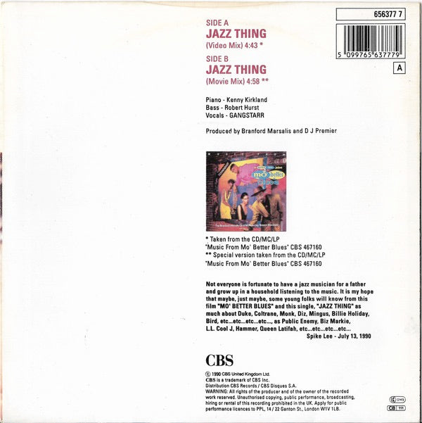 Image of Back Cover of 1614088C: 7" - GANG STARR, Jazz Thing (CBS ; 656377 7, UK 1990, Picture Sleeve) Bit of crackle and wear, but plays fine.  Sleeve in nice shape.  VG+/G+