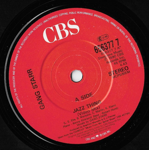 Image of Label Cover of 1614088C: 7" - GANG STARR, Jazz Thing (CBS ; 656377 7, UK 1990, Picture Sleeve) Bit of crackle and wear, but plays fine.  Sleeve in nice shape.  VG+/G+