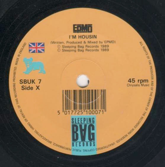 Image of Front Cover of 3224179E: 7" - EPMD, I'm Housin' (Sleeping Bag Records; SBUK 7, UK 1989, Company Sleeve) Light marks. Includes promo sheet.  VG+/VG