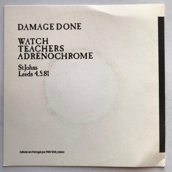 Image of Back Cover of 1524565E: 7" EP - THE SISTERS OF MERCY, Damage Done Plus 3 Live Tracks (PAN-VOX; PV 1615, Portugal , White Fold Over Sleeve, Plain White Labels) Slight Ring Wear On Rear Sleeve  VG+/EX