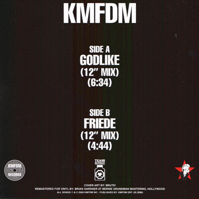 Image of Back Cover of 1524563E: 7" - KMFDM, Godlike / Friede (KMFDM Records ; KMFDM009, US 2008 Reissue, Picture Sleeve, White Vinyl, Limited Edition of 250) Looks Unplayed  EX/EX