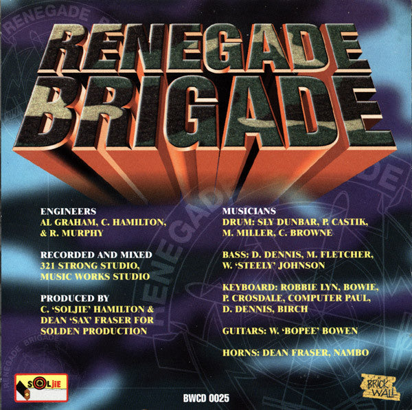 Image of Back Cover of 1654174S: CD - VARIOUS ARTISTS, Renegade Brigade (Brickwall Records; BWCD 0025, US 1998) Light marks only.  VG+/VG