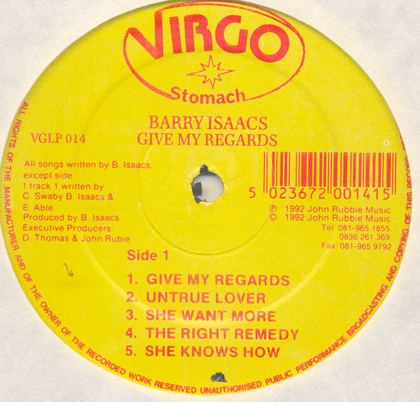 Image of Label Cover of 1624260E: LP - BARRY ISSAC, Give My Regards (Virgo Stomach; VGLP 014, UK 1992)   VG+/VG+