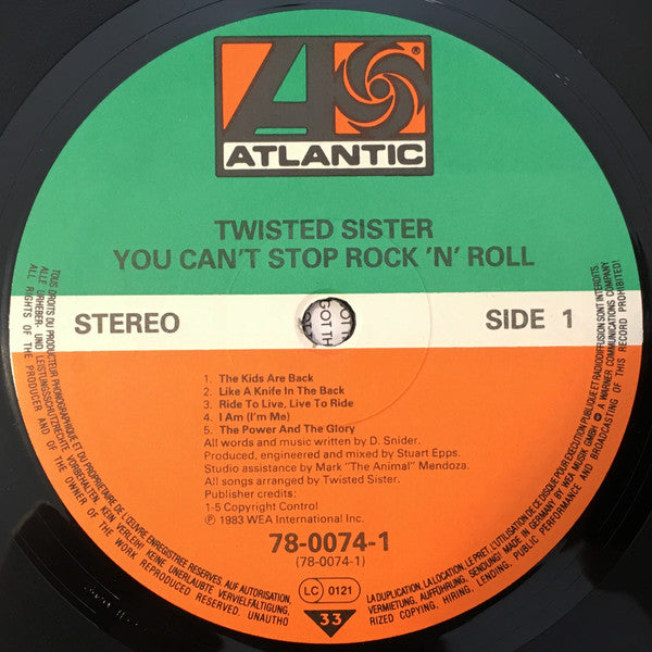 Image of Label Cover of 1524460E: LP - TWISTED SISTER, You Can't Stop Rock 'N' Roll (Atlantic; 78-0074-1, Europe 1983, Inner, No Rights Society on Label)   VG/VG