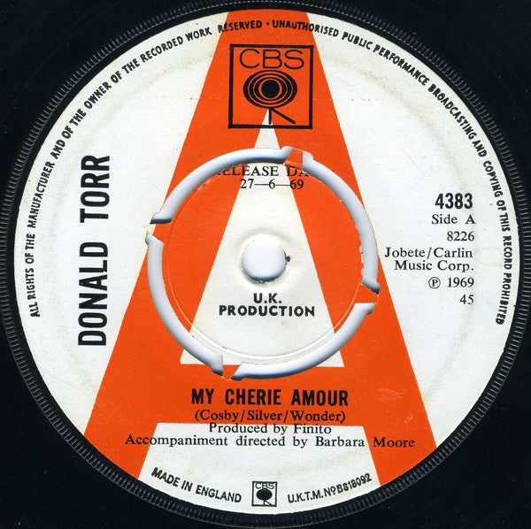 Image of Front Cover of 1624290E: 7" - DONALD TORR, My Cherie Amour / Never Will I Be (CBS ; 4383, UK 1969, A Label Demo, Company Sleeve)   VG/VG+