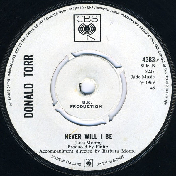 Image of Back Cover of 1624290E: 7" - DONALD TORR, My Cherie Amour / Never Will I Be (CBS ; 4383, UK 1969, A Label Demo, Company Sleeve)   VG/VG+