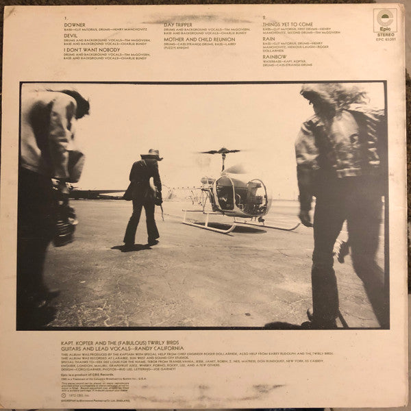 Image of Back Cover of 1624342E: LP - RANDY CALIFORNIA, Kapt. Kopter And The (Fabulous) Twirly Birds (Epic; EPC 65381, UK Reissue) Sleeve was held together with tape at top so large stain of tape   G+/VG+