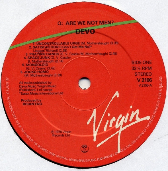 Image of Label Cover of LP - VG/VG - DEVO, Q. Are We Not Men? (Virgin; V2106, UK 1978, Inner), Hairlines, edge & ring wear, corner creases,  - 4346234S