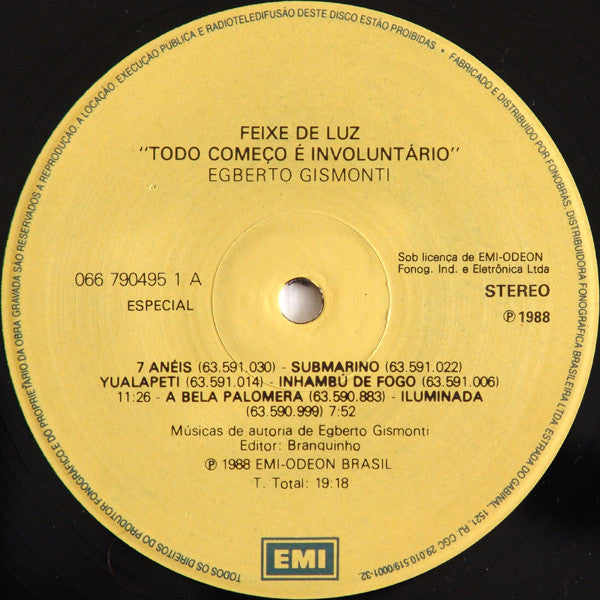 Image of Label Cover of 1624247E: LP - EGBERTO GISMONTI & ACADEMIA DE DAN AS, Feixe De Luz "Todo Come o   Involunt rio" (EMI ; 066 790495 1, Brazil 1988, Picture Sleeve, Insert)   VG/VG