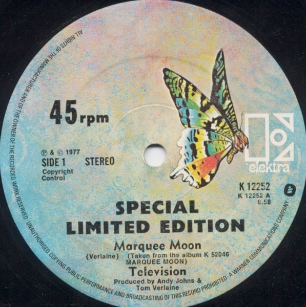 Image of Back Cover of 2414238C: 12" - TELEVISION, Marquee Moon (Mono / Stereo) (Elektra; K12252, UK 1977, Die Cut Company Sleeve, "Copyright Control" On Labels)   VG/VG+